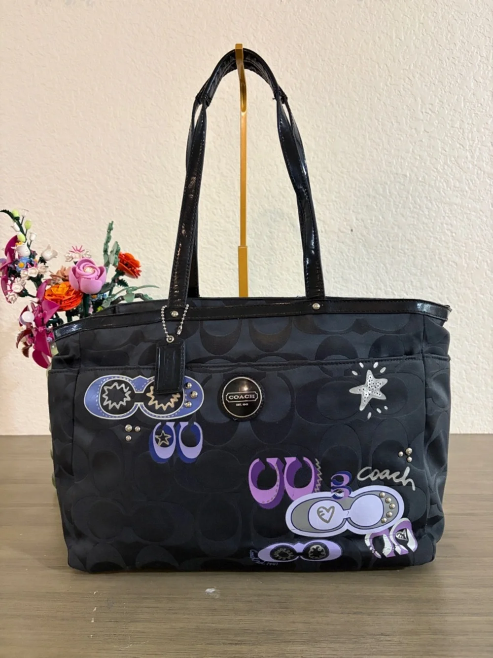 COACH POPPY APPLIQUE DIAPER BABY BAG MULTIFUNCTION TOTE BLACK F17590 RARE